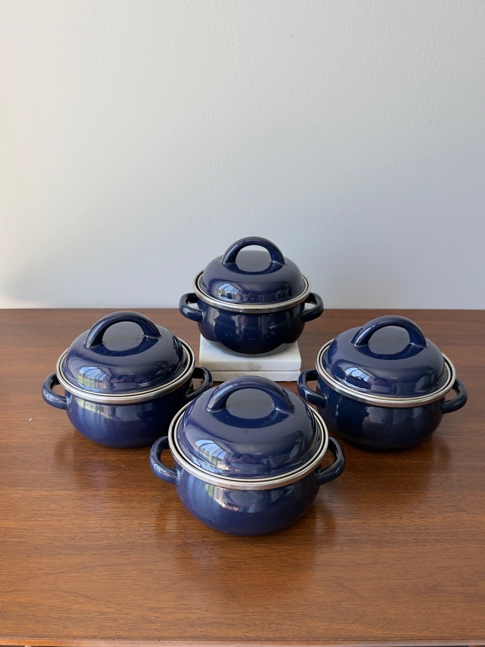 Small Blue Enamel Pot with Handles